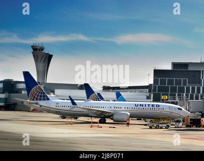 A United Airlines Boeing 737 MAX passenger aircraft at a gate at San Francisco International Airport in San Fancisco, California. Stock Photo