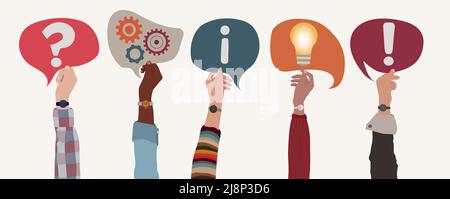 Raised arms and hand up of multicultural people holding colorful speech bubble with symbols of assistance help info questions and support. FAQ concept Stock Vector