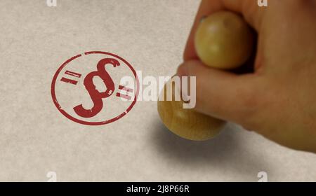 Paragraph stamp and stamping hand. Law, justice and legislation rule symbol concept. Stock Photo