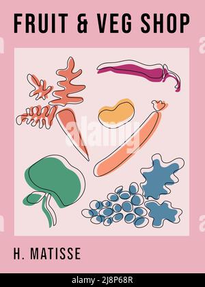 Matisse Abstract Art Poster, Fruit And Vegetable Advertisement, Aesthetic Modern Art, Boho Decor, Minimalist Art Stock Vector