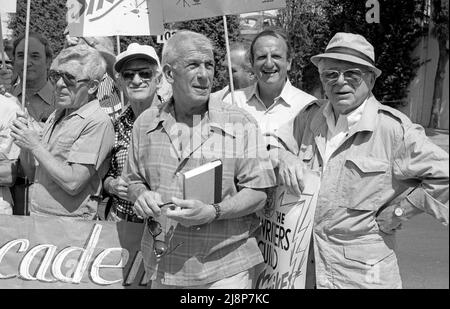 Billy Wilder (front right), Richard Brooks (front center), Bo Goldman (center back) and other screen writers on strike, 1981 in Los Angeles, CA. Stock Photo