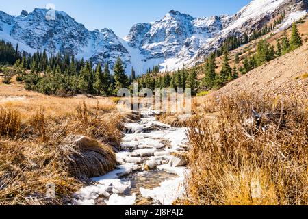 Snow covered alpine mountain peaks in the San Juan mountains near Silverton, CO Stock Photo