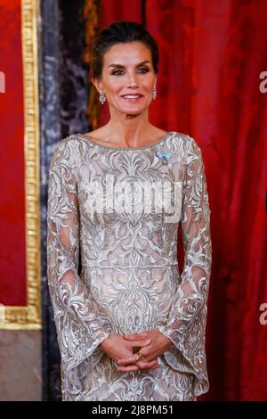 Madrid, Spain. 17th May, 2022. Queen Letizia of Spain attends a Gala Dinner at the Royal Palace in Madrid. A Gala Dinner is organized in honor of Emir of the State of Qatar, Sheikh Tamim bin Hamad Al Thani and Her Excellency Sheikha Al Mayassa Bint Hamad bin Khalifa Al Thani at the Royal Palace in Madrid. Credit: SOPA Images Limited/Alamy Live News