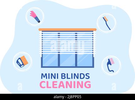 Mini Blinds Service Window and Curtains Treatment using Various Cleaning Tools or Home Interiors in Flat Cartoon Illustration Stock Vector