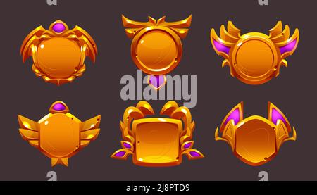 Golden game award badges, level ui icons. Empty gold frames, banners with wings and pink decor. Isolated medieval style bonus graphic elements, reward, trophy achievement and prize Cartoon vector set Stock Vector