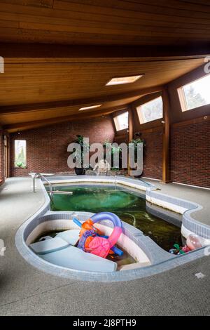 A very dirty indoor swimming pool inside an abandoned house. This home has since been demolished. Stock Photo