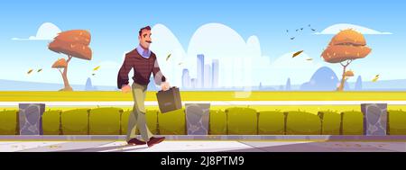 Man with briefcase walk on sidewalk with shrub hedge. Vector cartoon illustration of technician worker with tool box on background of autumn landscape with orange trees and skyscrapers on horizon Stock Vector