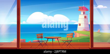 House terrace and lighthouse on sea shore. Vector cartoon illustration of summer ocean landscape with beacon on rock cliff and cottage wooden veranda or balcony with chairs and table Stock Vector