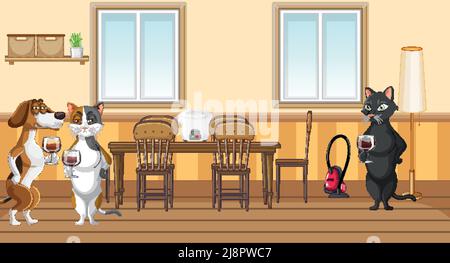 Set of different domestic animals in kitchen illustration Stock Vector