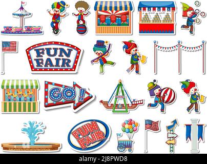 Sticker set of amusement park objects and cartoon characters ...