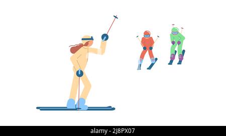 Cartoon skiers in ski school isolated on white background Stock Photo