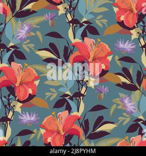 Vector floral seamless pattern. Red and purple lilies and cornflowers isolated on a blue-green background.  Stock Vector