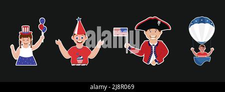 Sticker Style Cartoon Boy And Girl Playing From Balloon And Flag On American Day Or Event. Stock Vector