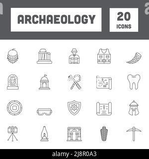 Black Line Art Set Of Archeology Icons In Flat Style. Stock Vector