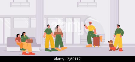 Railway station with people on platform and train. Vector cartoon illustration of city subway waiting terminal with passengers, man with dog, baggage Stock Vector