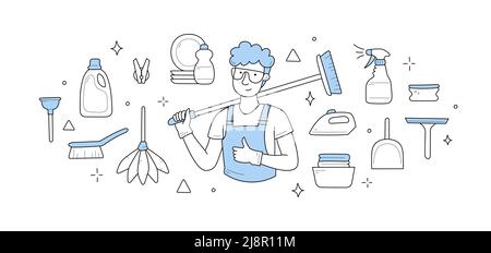 Cleaning and household chores doodle concept. Man in apron, glasses and rubber gloves holding brush. Detergent bottle, cleaner spray, sparkle dishes, Stock Vector