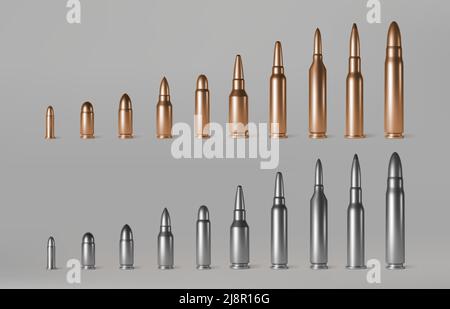 Bullets of different calibers stand in row. Copper, gold or silver colored shots, military handgun ammo weapon metal gunshots isolated on background, Stock Vector
