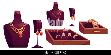 Cartoon jewelry, set of gold pendants, watch and earrings with precious gemstones. Yellow metal coulombs or charms with colorful gems, luxury golden j Stock Vector