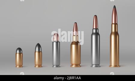 Bullets of different calibers stand in row. Copper, gold or silver colored shots, military handgun ammo weapon metal gunshots isolated on background, Stock Vector