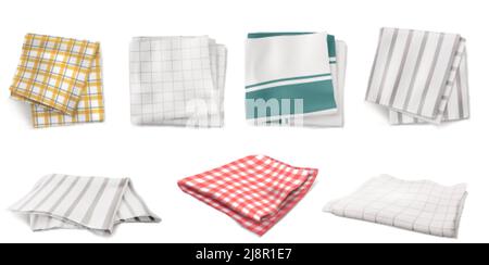 Folded napkins, kitchen towels or tablecloths in top and angle view. Vector realistic set of 3d fabric table clothes with gingham, plaid, striped and Stock Vector