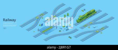 Railway banner with isometric locomotive and rail track elements. Vector poster of path for trains, subway and tram, train road with switch, crossing, Stock Vector