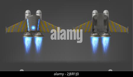 Jetpack with blue fire and yellow stripes on wings, top and bottom view, isolated 3d vector device for flying. Jet pack futuristic mechanical turbo en Stock Vector