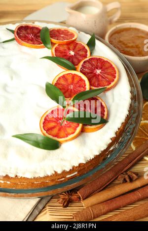 Concept of tasty dessert with meringue pie with citrus, closeup Stock Photo