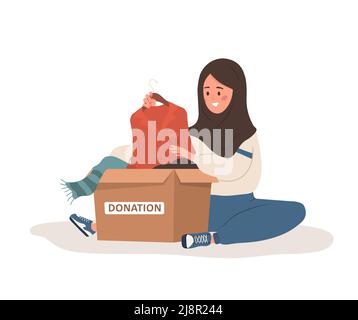 Clothes donation. Arabic woman putting old used clothes ready to be shared or recycled to cardboard box. Volunteering and social care concept Stock Vector