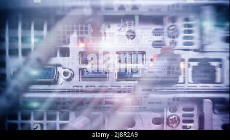 Double Exposure Server Rack Optic and hub close up Stock Photo