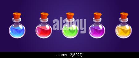 Magic potion bottles, glass jars with alchemy elixir or poison. Vector cartoon icons set of round vials with wooden corks with different color liquid Stock Vector