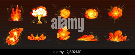 Bomb explosions, fire bursts and atomic mushroom cloud isolated on black background. Vector cartoon set of blasts with flame and flash from dynamite, Stock Vector