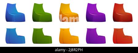 Bean bag chairs, soft furniture for sitting in front and back view. Vector cartoon set of red, yellow, blue, purple and green lazy bags, cozy comforta Stock Vector