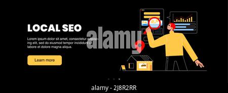 Local SEO poster. Concept of search marketing optimization and advertising campaign for local company. Vector horizontal banner with geo tag on shop, Stock Vector