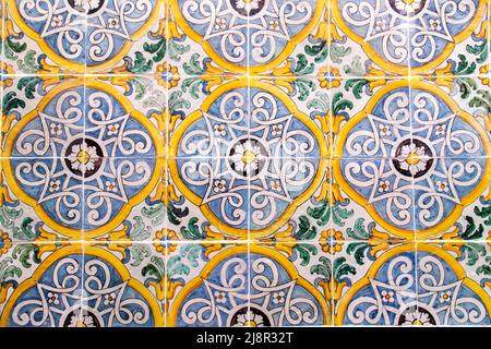 Handmade old Turkish Blue ceramic Tiles on the wall in Istanbul City, Turkey. Close up. Ancient Ottoman patterned Iznik syle design tile composition Stock Photo
