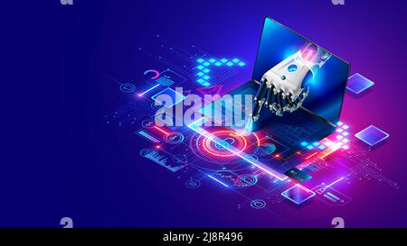 Computer bot hacks firewall on laptop. Cybersecurity, antivirus, personal data protection. Remote computer administration system. Artificial Stock Vector