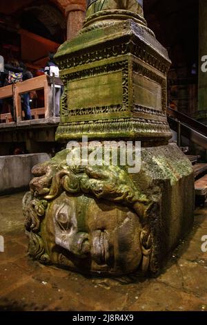 Istanbul, Turkey - March 25, 2019. Upside-down head of Medusa located at northwest edge of the subterranean Basilica Cistern, also known as Yerebatan Stock Photo