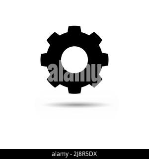 Black vector cog with shadow isolated on white, gear illustration, wheel concept. Stock Vector
