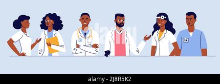 Medicine team concept with different black doctors in hospital. Stock Vector