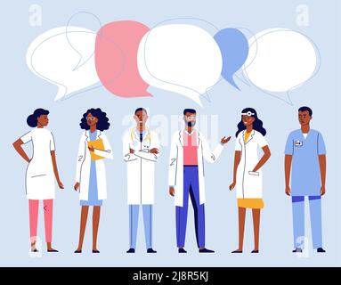 Medicine team concept with different black doctors in hospital. Stock Vector