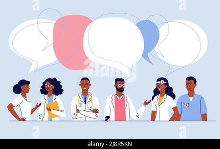 Medicine team concept with different black doctors in hospital. Stock Vector