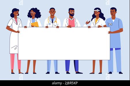 Medicine team concept with different black doctors and blank banner with copy space for text. Stock Vector