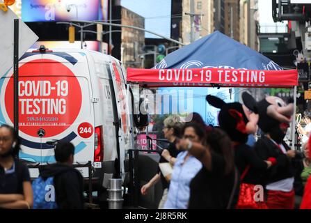 New York, USA. 17th May, 2022. A COVID-19 testing site is seen on Times Square in New York, the United States, May 17, 2022. Credit: Wang Ying/Xinhua/Alamy Live News Stock Photo