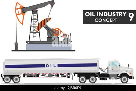 Detailed illustration of gasoline truck and oil pump in flat style on white background. Stock Vector