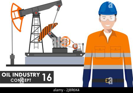 Detailed illustration of oil pump and workman in flat style on white background. Stock Vector
