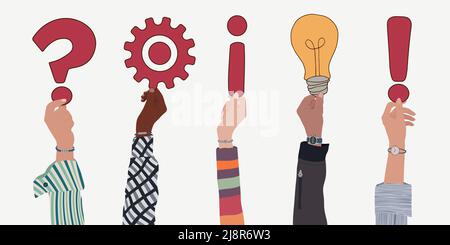 FAQ information or customer service concept. Raised arms and hand up of multicultural business people holding symbols of online assistance help info Stock Vector