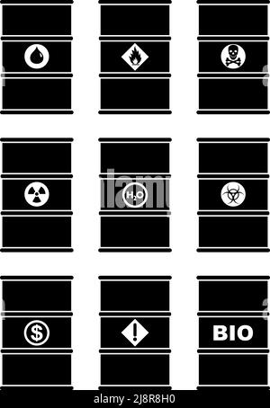 Different metal barrels for water, oil, biofuel, explosive, chemical, radioactive, toxic, hazardous, dangerous flammable and poisonous substances and Stock Vector