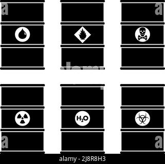 Different metal barrels for water, oil, chemical, radioactive, toxic, hazardous, dangerous, flammable and poisonous substances. Vector illustration Stock Vector