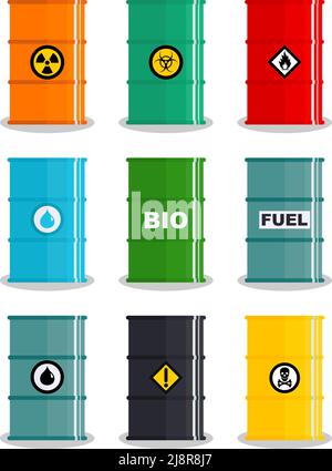 Industry concept. Set of different illustration silhouettes barrel for various liquids: water, oil, biofuel, explosive, chemical, radioactive, toxic, Stock Vector