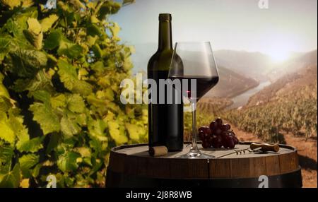 Design for card, magazine or brochure cover. Red wine glass and bottle on wooden barrel over nature landscape background. Winemaking and festivals Stock Photo