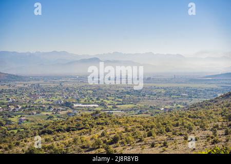 Podgorica, capital of Montenegro: panoramic aerial view. The city is renowned for its green parks. This small country is located on the Balkans Stock Photo